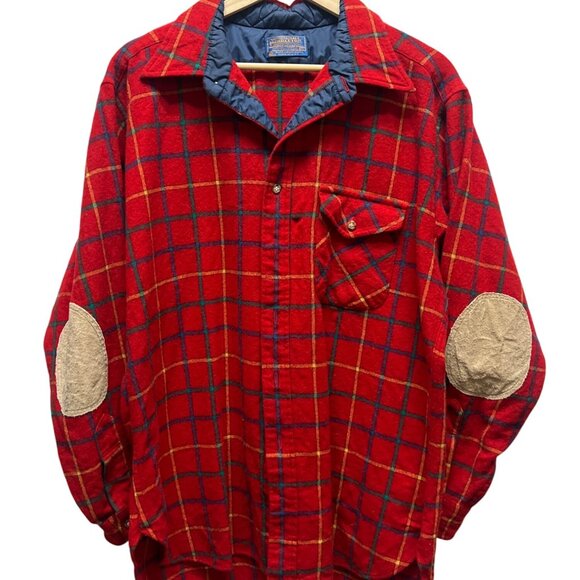 Pendleton Vintage 70's Lobo Red Wool Plaid Board Shirt with Elbow Patches - Picture 2 of 10